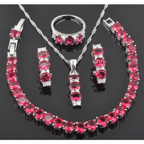 Sparkling Rose Red Zirconia For Women Silver Color Jewelry Sets Bracelet Necklace Earrings Ring Free Gift Box QS0155