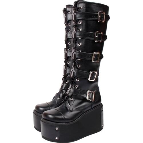 Angelic imprint mori girl Women punk motorcycle boots lady lolita Boots woman high trifle heels wedges pumps platform shoes 46