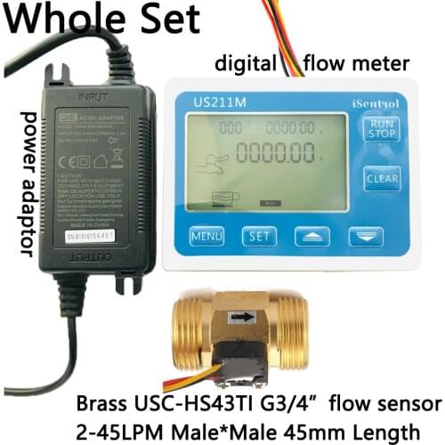 US211M USC-HS43TI Water Flow Meter Digital Hall Water Flow Sensor Reader with Brass 2-45L/min hall water flowmeter turbine