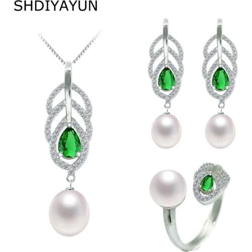 SHDIYAYUN Pearl Jewelry Sets Natural Freshwater Pearls Feather Necklace Earrings Ring 925 Sterling Silver Jewelry Set For Women