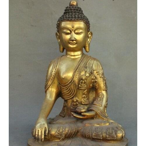 13" Tibet Buddhism Bronze Gilt Hold Bowl Buddha Statue