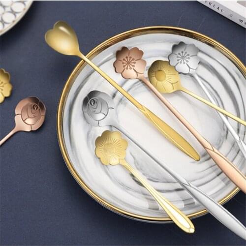 4pcs/set Cherry Spoon Long Handle Dessert Coffee Spoon Stainless Steel Vintage Teaspoons Drink Tableware Home Decor Dropshipping