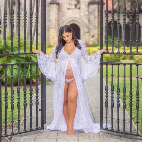 White Lace Prom Dresses Photo Shoot Bell Long Sleeves Maternity Robe Soft Maternity Gowns Evening Formal Party Gowns