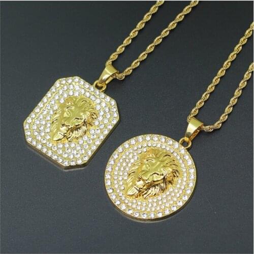 Gold Lion Head Crystal Pendant Statement Necklace Long Stainless Steel Hip Hop Men Charms Jewelry