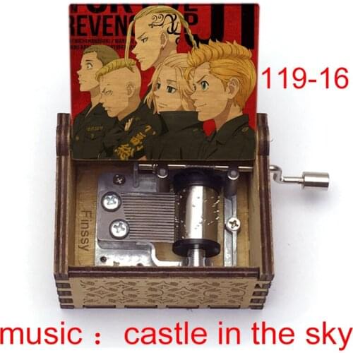 Anime tokyo avengers figure print castle in the sky Wood Hand Music Box for anime Friends kids Birthday Children fans gift