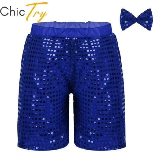 ChicTry Unisex Kids Glittery Sequins Dance Shorts with Bowtie Set Children Boys Girls Choir Jazz Stage Performance Dance Costume
