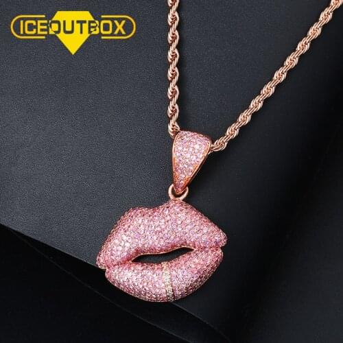 ICEOUTBOX Pink Crystal Lips Pendant Necklace For Women Men Hip Hop Rose Gold Jewlery Iced Out 4mm Tennis Chain Dropshipping