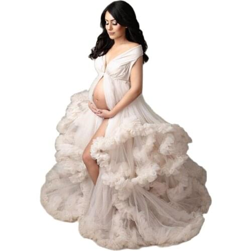 Creamy Maternity Dress For Babyshower Front Split Ruffles Maternity Photography Outfit Maxi Gown Pregnancy Women Long Dress