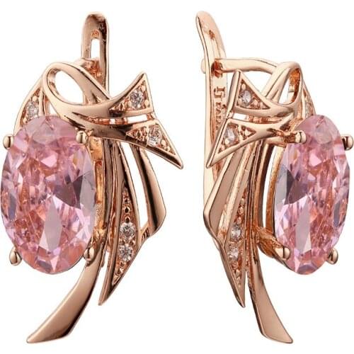 Fashion Elegant Rose 585 Gold Color Pink Sparkling Stone Flower Shaped Jewelry Gift Woman Earrings