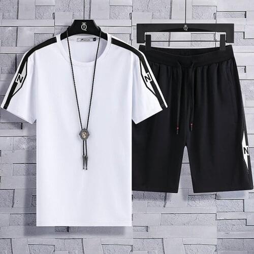 2021 New Fashion 95% Cotton 5% Spandex Mens Casual Sports Suit Plus Size Summer Short-Sleeved T-Shirt Shorts Whole Set