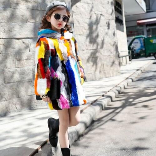 NEW girls real genuine natural rex rabbit fur coat with hood child fashion multicolor fur jacket outwear custom adult size