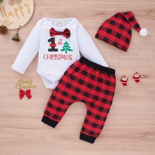 Newborn Baby Girls Boys Clothes Infant Christmas Set Cotton Letter Romper Top Plaid Pants Hats Fashion Outfits Suit