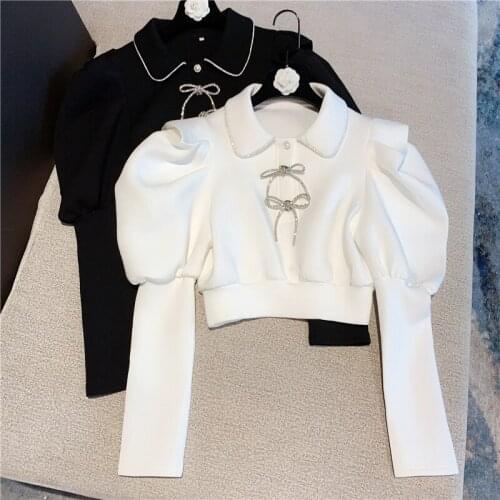 Space Cotton Shirt Women 2021 Spring New Diamond Edge Sweet Doll Collar Bow Puff Sleeve Short Blouse Lady Crop Top White Black