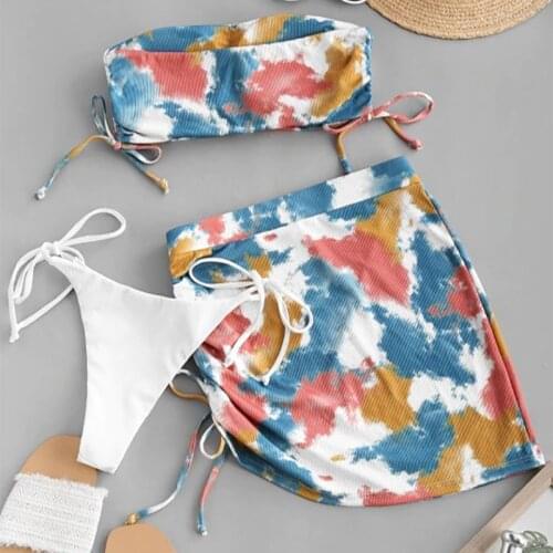 Retro Skirt Bikini Women Tie Dye Gradient Off Shoulder Strapless 3 Piece Swimsuit Bandeau Bathers Bathing Suit Thong Swimwear