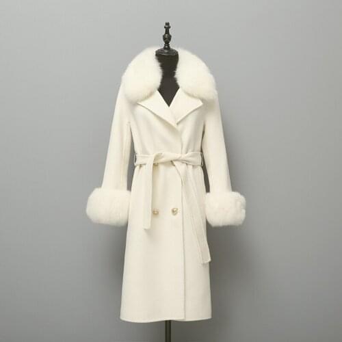 Rf0165C Real Fox Fur Collar and Cuffs Long Sleeve Hand-sewn Fleece Cashmere Coat Long Womans Woolen Coat