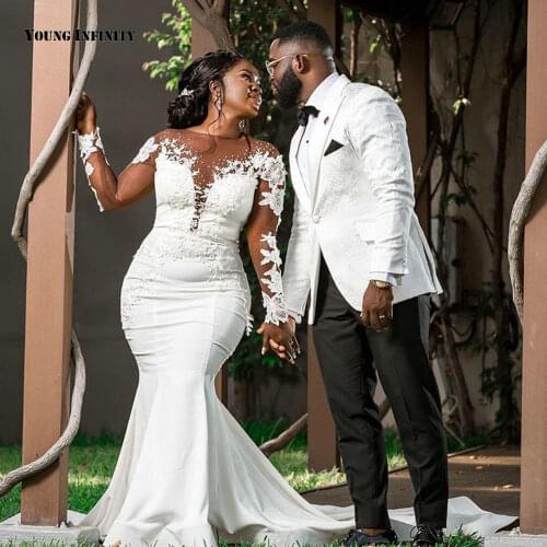 Luxury Mermaid Wedding Dresses 2021 Long Sleeves Bridal Gown Illusion Back Scoop Court Train Beaded White Plus Size Bride