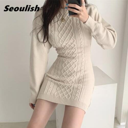 Seoulish 2021 New Autumn Winter Womens Knitting Wrap Dresses Long Sleeve O-Neck Sheath Pencil Bodycon Sexy Mini Dress Female