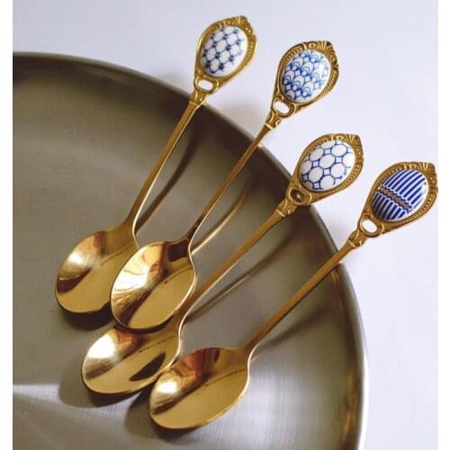 Serving Spoon Dessert Spoons Stainless Steel Scoops Inlay Ceramic Handle Vintage Kitchen Gold Plating High Grade Scoops 4pcs/set