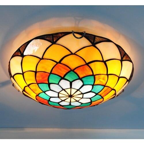 Tiffany Mediterranean Stained Glass Flush Mount Light 2-lights Retro Creative Flower Pattern Dedroom Kitchen Ceiling Lamp CL284
