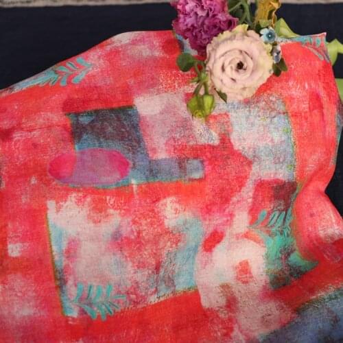 High quality pure ramie fabric Rose red digital printing tissus Dress shirt clothing material