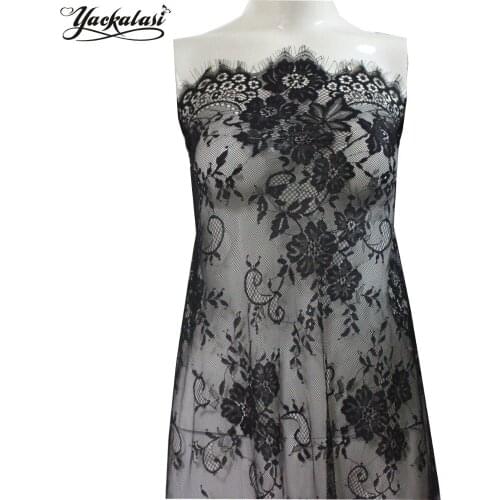 YACKALASI 3 Meters/Lot Party Dress Fabrics Eyelash Mesh Lace Fabric Soft Knitting Nylon Flower Jacquard Black 150CM*300CM