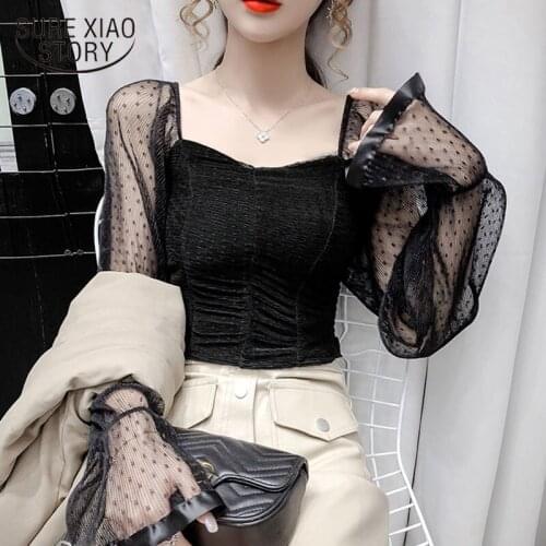 Sexy White Shirts Women Vintage Puff Sleeve Top Femme Square Collar Pleated Chiffon Blouse Women Casual Short New Arrivals 12071