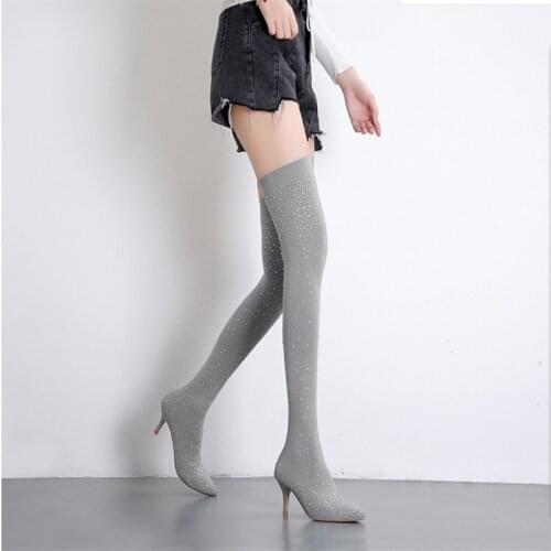 Fashion Runway Crystal Stretch Fabric Sock Boots Pointy Toe Over-the-Knee Heel Thigh High Pointed Toe Woman Boots Bottes Femme