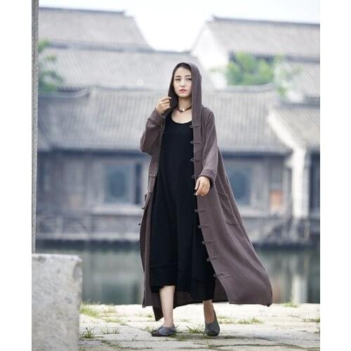 Women Long Sleeve Loose Plus Size Robe Trench Coat 2016 Solid Color Single Breasted Cardigan Vintage Hooded Maxi Trench Coat