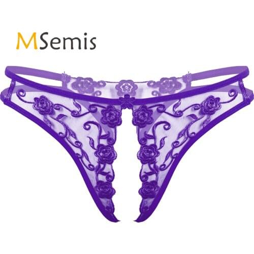 Womens Lingerie Crotchless Panties Low Waist See-through T-back Briefs Underpants Flower Embroidery Open Crotch Underwear