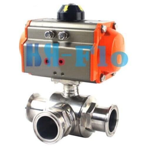 1-1/4" Sanitary Stainless 304 Three way T-port Tri-Clamp Pneumatic Ball Valve