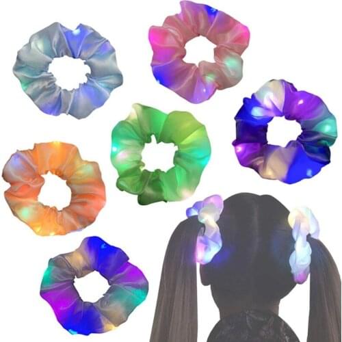 6Pcs LED Light Up Hair Scrunchies Colorful Luminous Satin Silky Hair Tie Band Elastic Ponytail Holder for Halloween Party