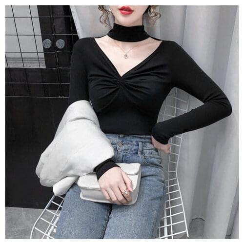 Blouse Women Autumn and Winter Knotted Slim-Fit V-neck Halter Long-Sleeved Shirts for Women Blusas Ropa De Mujer