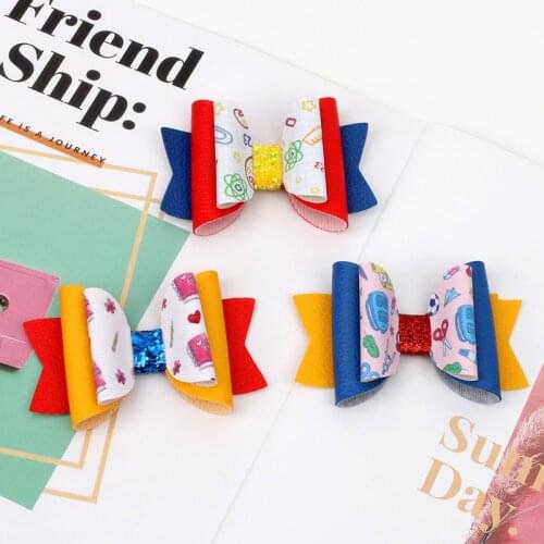 Cheer Bows 3 Pcs/lots 3 "Back To School Leather Hair Clips For Gilrls Kids Three-Layers Hairpins Hair Bows Hair Accessories