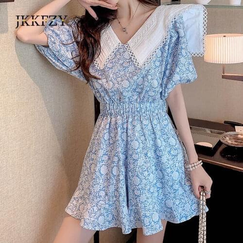Floral Doll Collar Jumpsuit Woman Summer Puff Sleeve Jumpsuit Loose Casual Dress