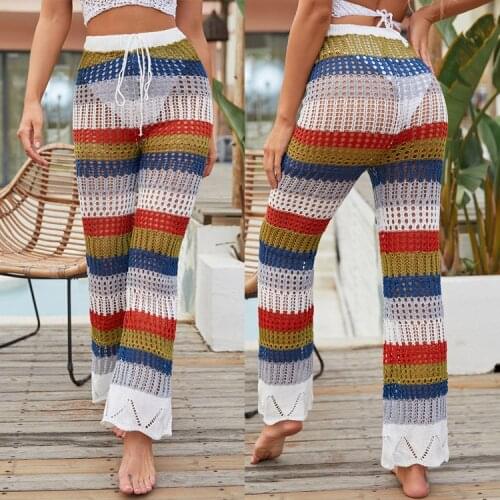 Women Crochet Pants Patchwork Hollow Out Elastic Straight Casual Trouser Vacation Beach Wide Leg Bikini Cover Up 2021