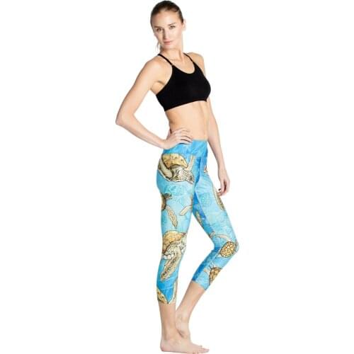 Elastic Blue Cartoon Turtle Athletic Yoga Leggings Capris Women Sport Running Jogging Capris Leggings