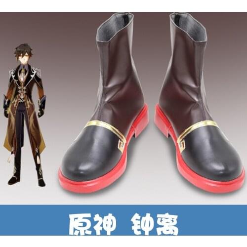 Genshin Impact Zhongli Shoes Cosplay 90cm Long Christmas Brown Orange Wig Cosplay Anime Cosplay Zhongli Costume Halloween Party