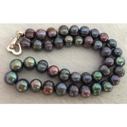 Huge9-10mm south sea baroque black green pearl necklace 18inch 925s