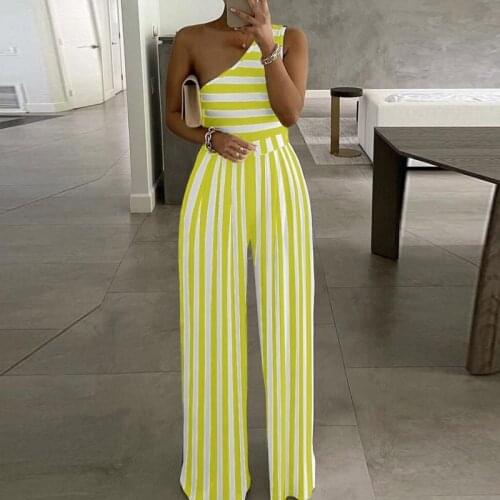 Summer Causal Off Shoulder Overalls Playsuit Women Elegant Stripe Print Wide Leg Jumpsuit Sexy One Shoulder Romper Bodysuit Lady