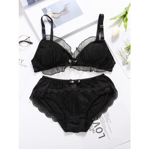 Cute Lace Trim Black & White Japanese Bra & Panties Set Wirefree Soft Underwear Sleep Intimates Set Kawaii Lolita