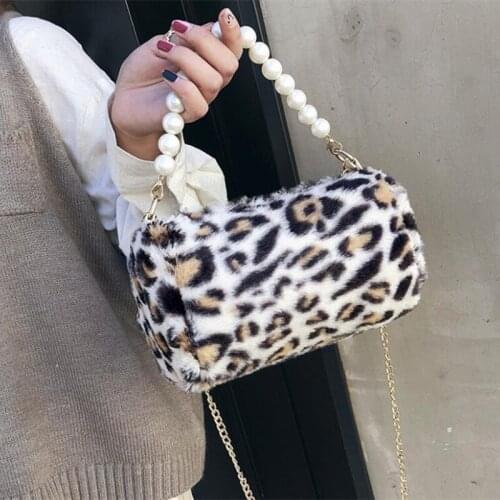 M550 Fashion Women Bag Character Chain Buckets Leopard Stripes Plush Shoulder Bag Imitation Pearl Handbag