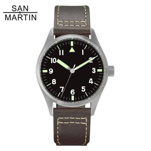 San Martin 2020 New Titanium Pilot Mens Watch NH35 Automatic Brown Leather Strap 200m Waterproof Mechanical Military Watch Men