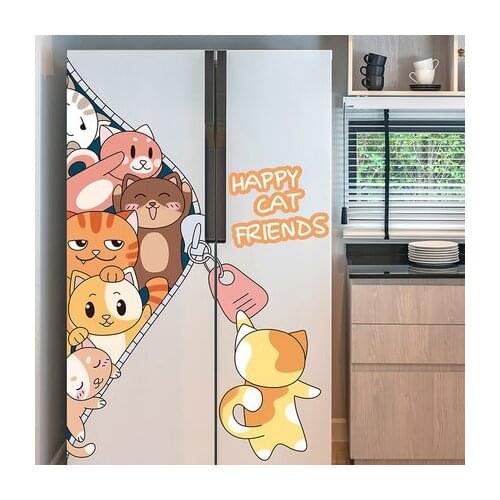 Refrigerator Stickers Kitchen Double Door Personality 3D Cartoon Cat Wall Paper Creative Door Window Glass Posters Wall Art