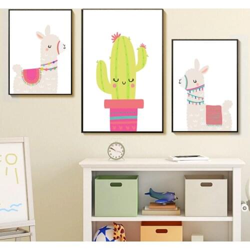 Nursery Print Cartoon Llama Cactus Alpaca Wall Art Canvas Painting Picture Nordic Kid Room Posters and Prints Bedroom Decor
