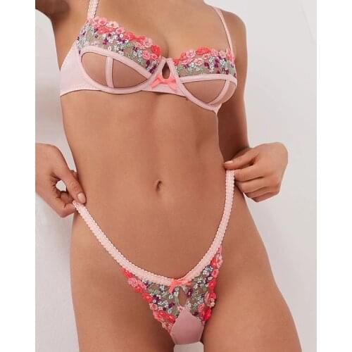 New Sexy Lace Flower Underwear Set Embroidered Underwire Women Push Up Bra Set Mesh See-through Thin Thong Sex Lingerie Set