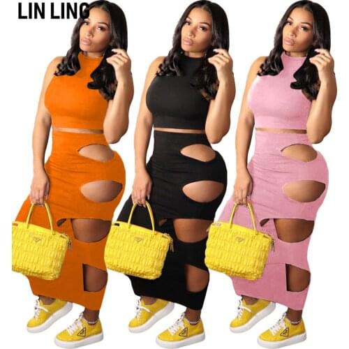 LINLING Womens High Waisted Maxi Skirt Sexy Hollow Out Slim Long Skirt with Side Holes Party Club Dress