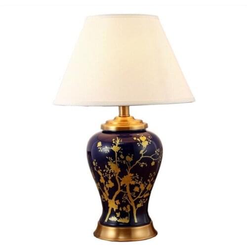 Luxurious Pastoral Ceramic Table Lamp for Foyer Bed Room Study Decor Blue Porcelain Gold Painting Desk Reading Light H 65cm 2506
