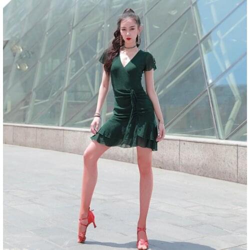 Sexy V-neck Latin Short Sleeves Dancing Skirt Tango Slit Dress for Women Chacha/Samba/Flamenco Practice Dancewear 4 Colors B0217