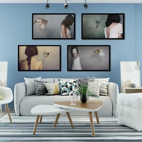 Nordic Modern Style Sexy Woman Colorful Feathers Animals Canvas Painting Posters And Prints Wall Pictures For Living Room Decor