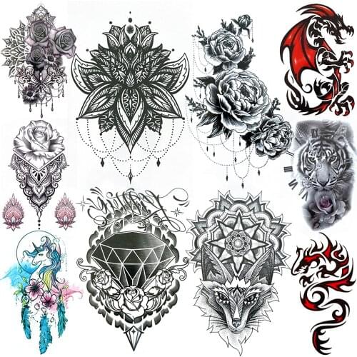 Sexy Fake Jewelry Temporary Tatoos For Women Black Diamond Camellia Tattoo Sticker Fire Dragon Unicorn Waterproof Tatoo Hand Arm